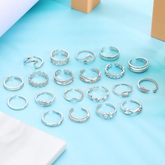 Silver Adjustable Boho Open Toe Rings - Set of 20 - Picture 7 of 11